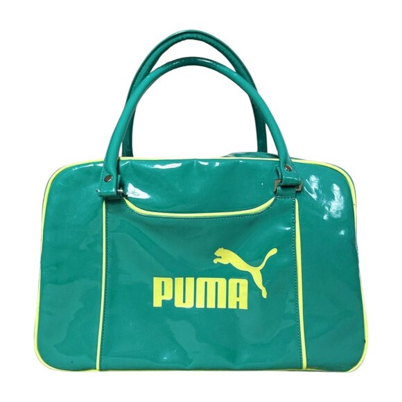 Puma Green Patent Tote Bag | Retro Y2K Gym Duffel Purse with Yellow Trim & Logo - Picture 2 of 9